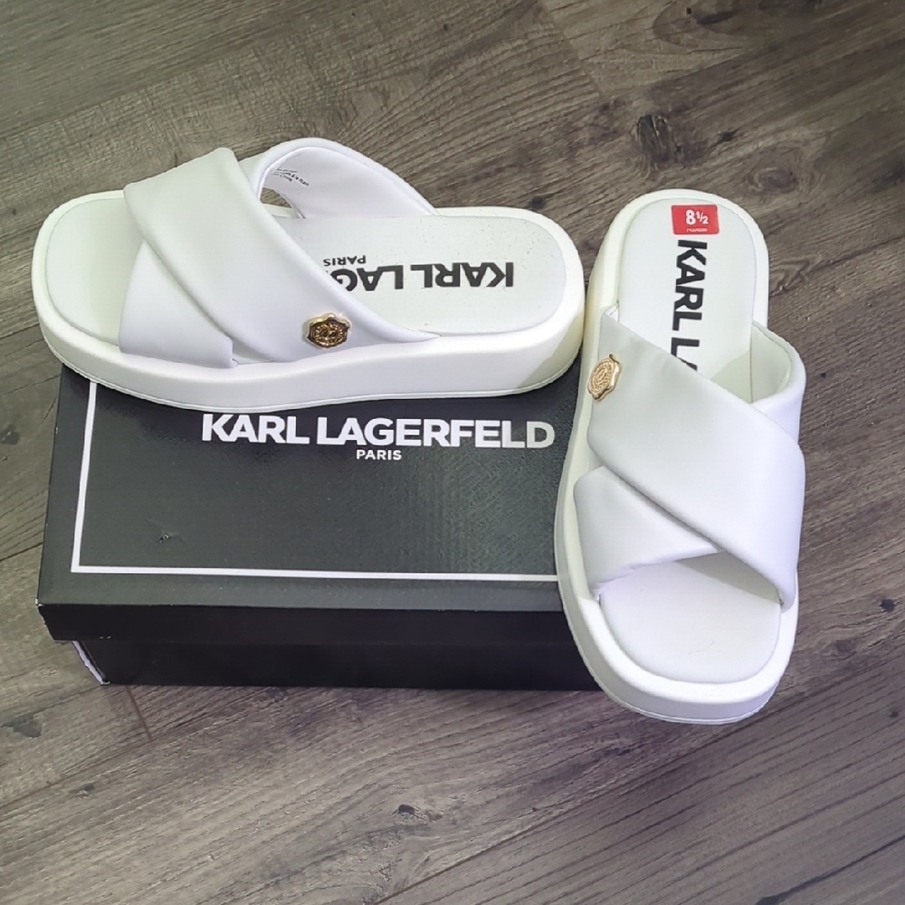 Karl Lagerfeld Women's Leather Upper White Slide Sandals